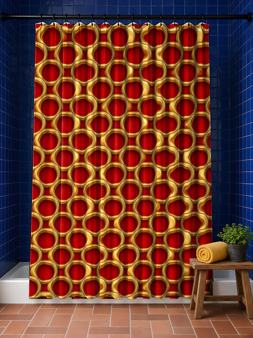 Big Gold Ring Weave shower curtain in the Christmas Jewel Bright palette, hanging in a bathroom with cobalt tiles and a terracotta floor