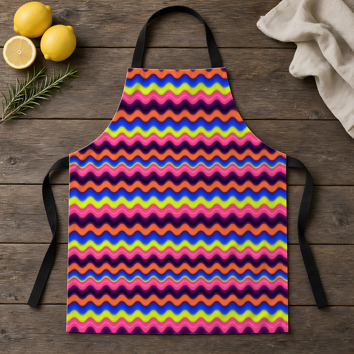 Bold Wave Stripes Apron laid flat on a rustic wooden table