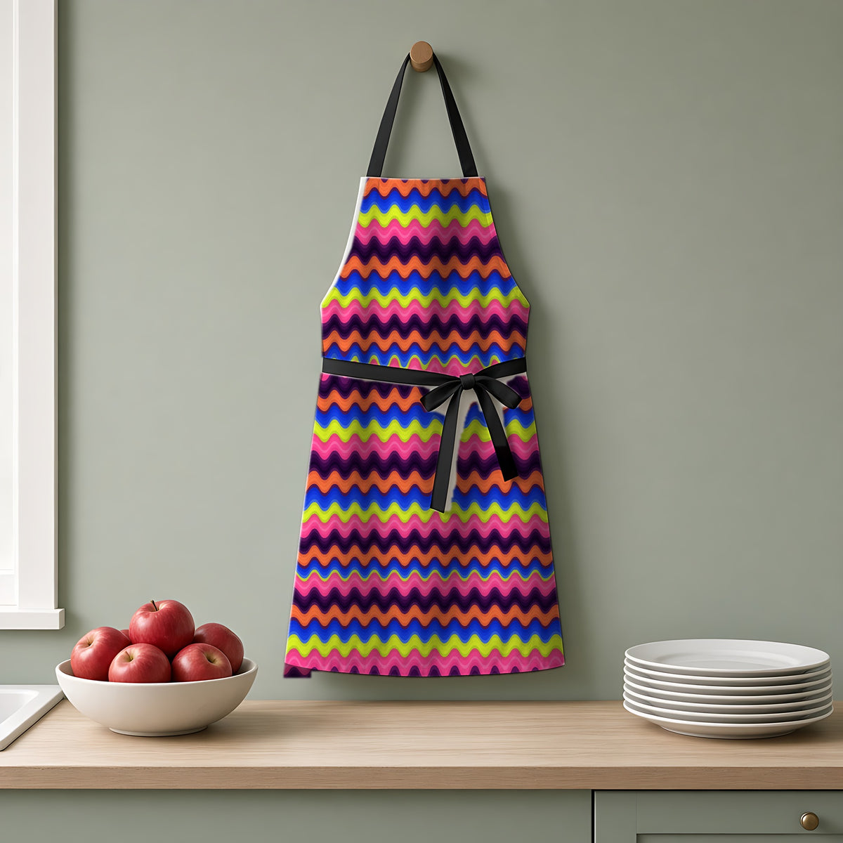 Bold Wave Stripes Apron hanging on a sage-green kitchen wall