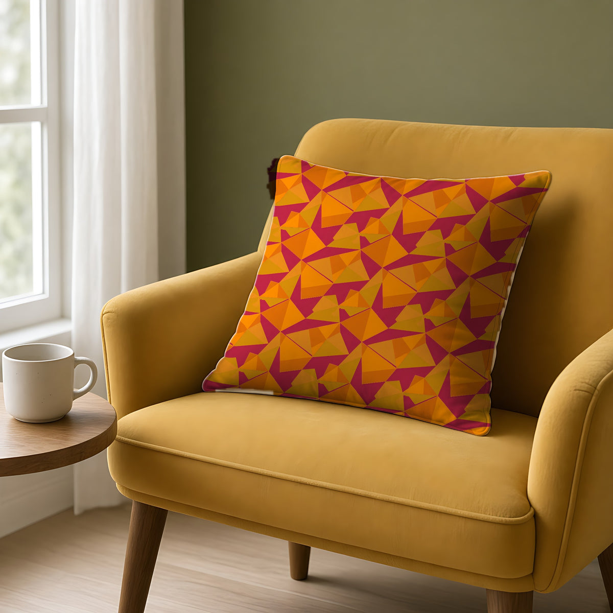 Faceted Gold Panels Faux Suede Cushion on a mustard armchair by a window