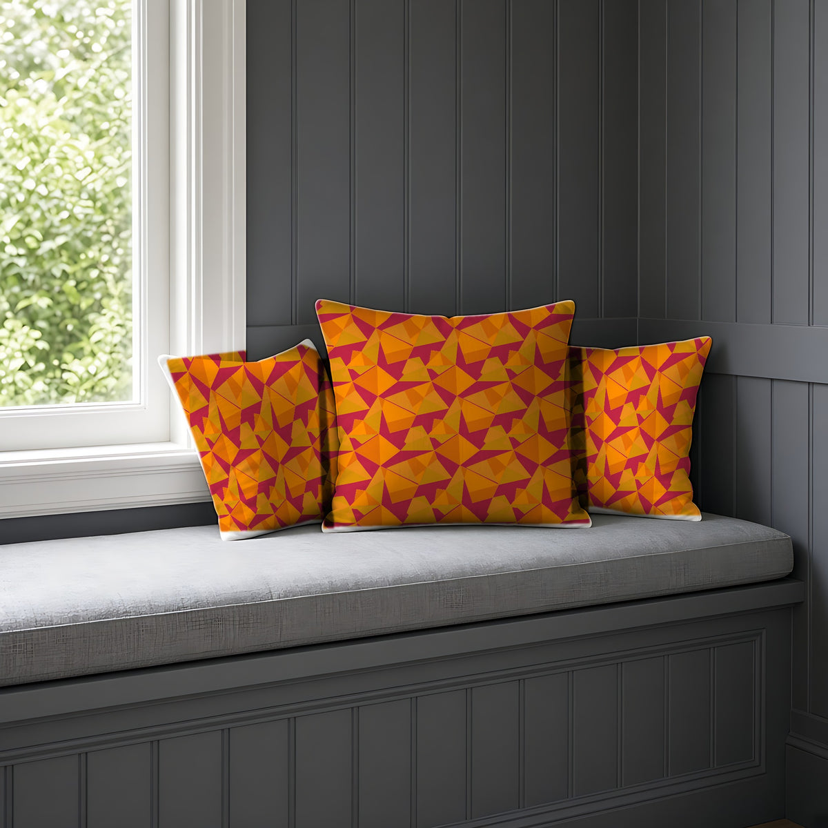Faceted Gold Panels Faux Suede Cushion on a window seat