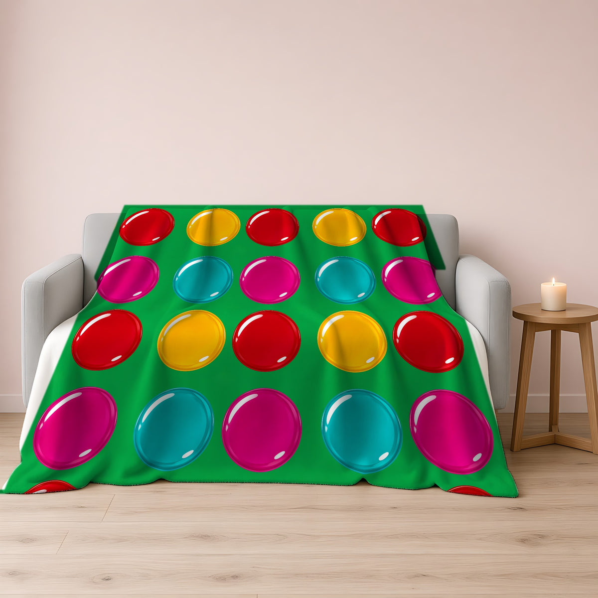 Giant Candy Glass Discs Sherpa Fleece Blanket draped over a grey sofa