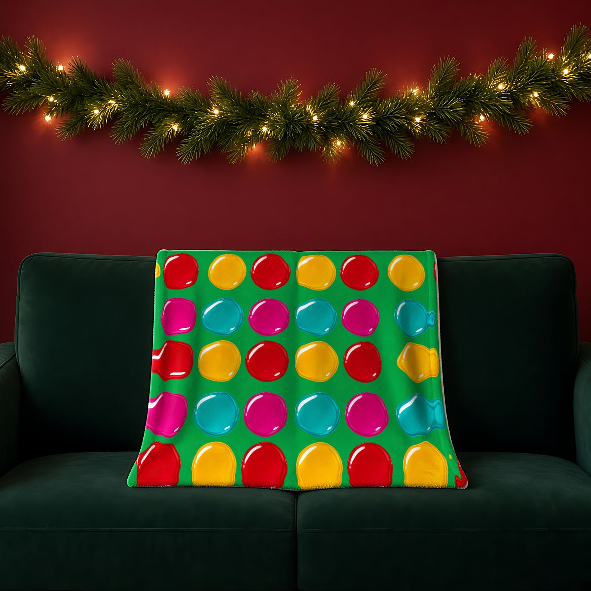 Giant Candy Glass Discs sherpa fleece blanket in the Christmas Jewel Bright palette, draped over a green sofa in a festive room with a garland and fairy lights