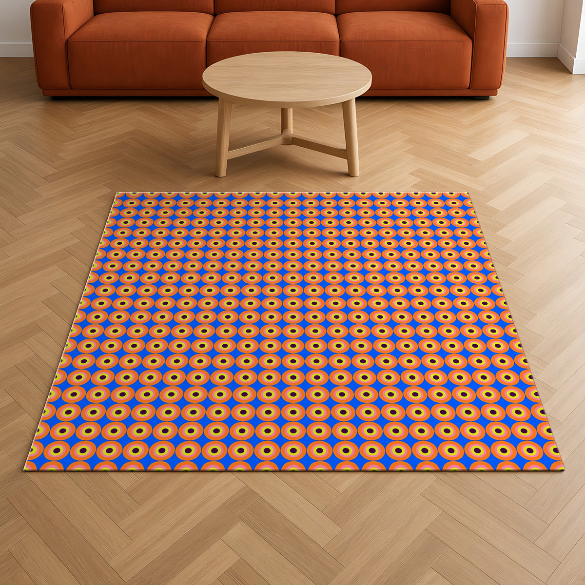 Pop Target Dots Outdoor Rug on a herringbone wood floor in a living room