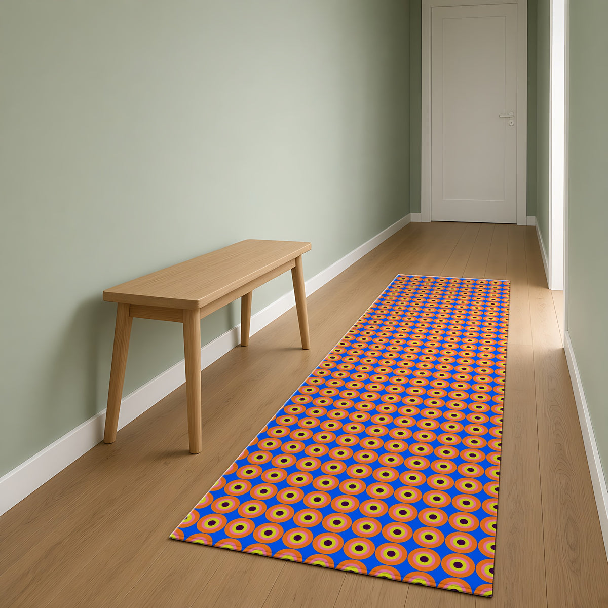 Pop Target Dots Outdoor Rug as a runner in a sage-green hallway