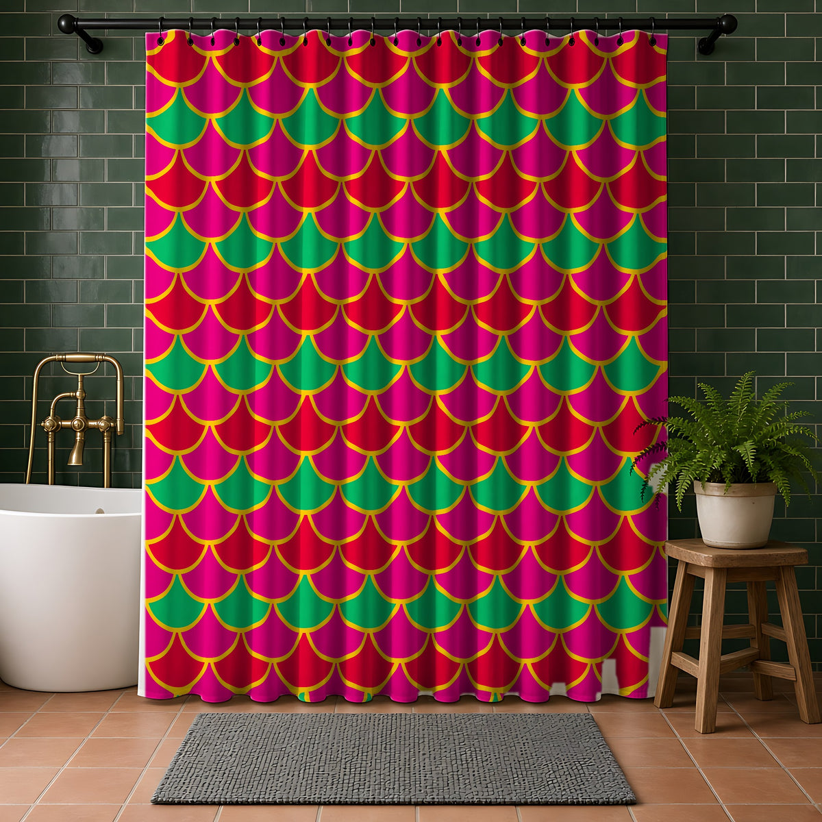 Big Jewel Scales II Shower Curtain in a bathroom with dark green tiles