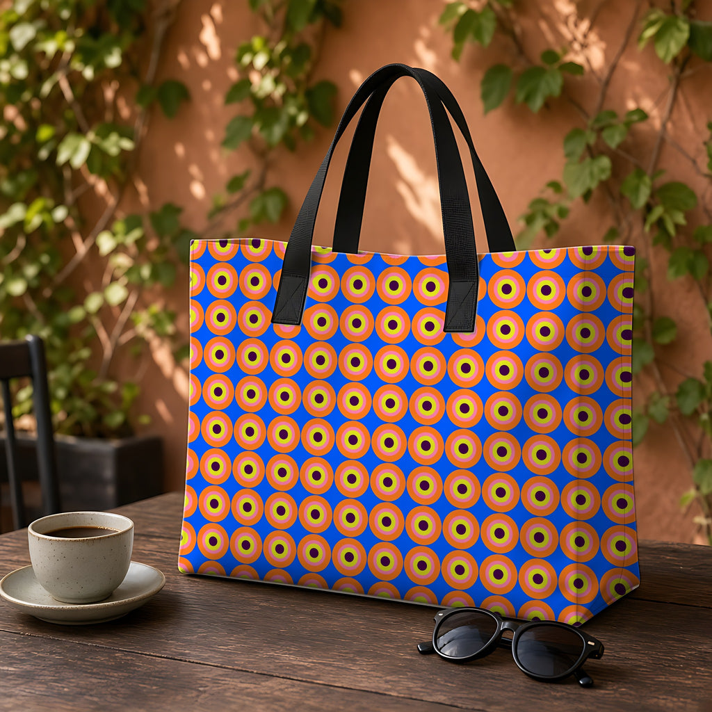 Pop Target Dots Weekender Tote Bag on a garden café table