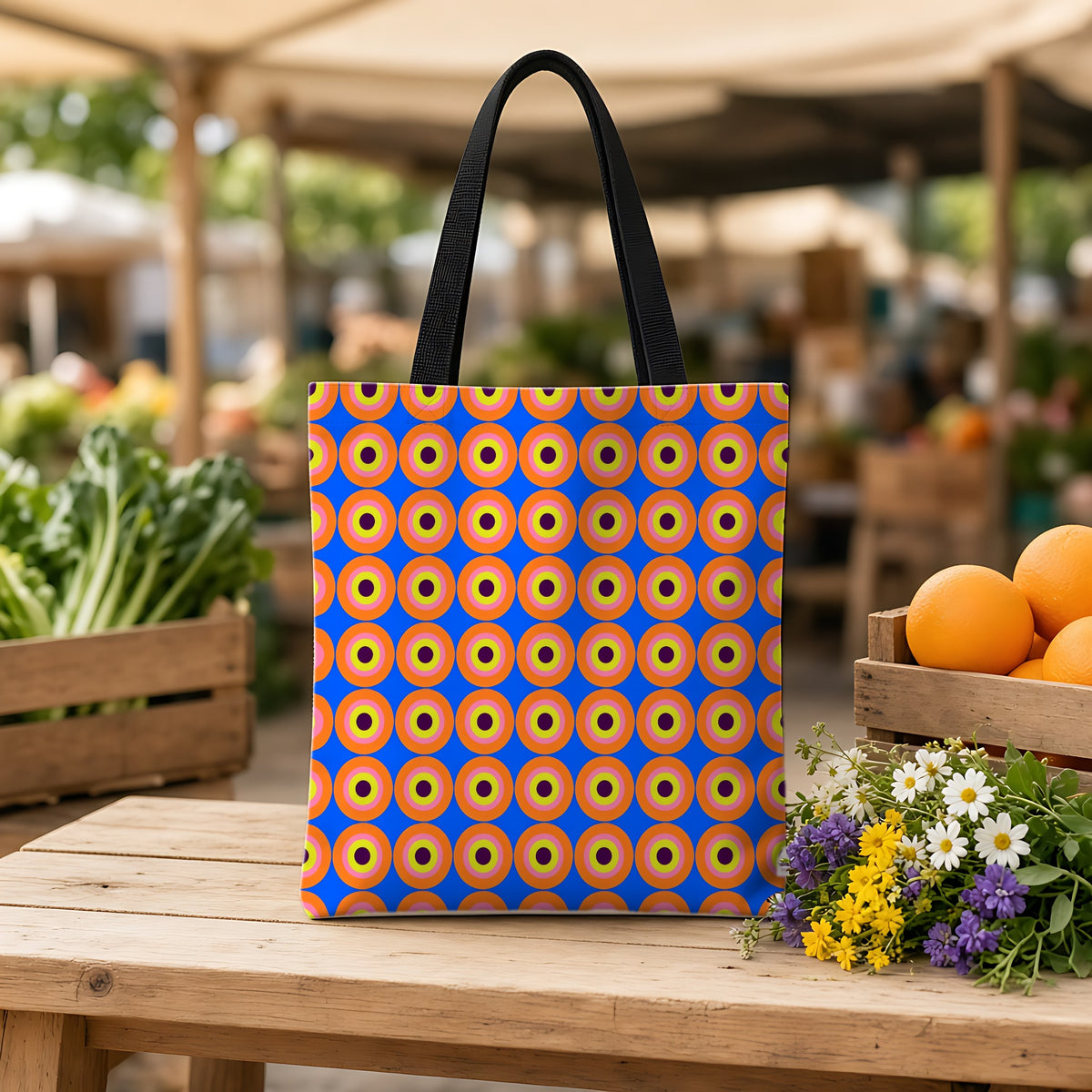 Pop Target Dots Weekender Tote Bag on a wooden bench at a farmers market