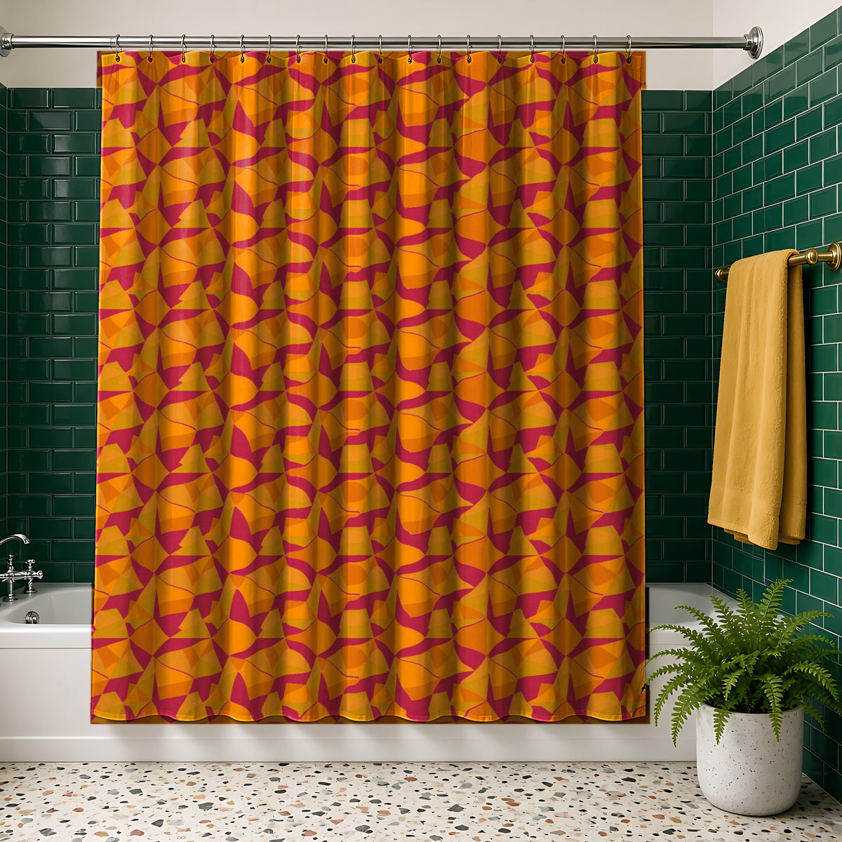 Faceted Gold Panels Shower Curtain in the Cranberry Spice palette, hanging in a bathroom with emerald tiles