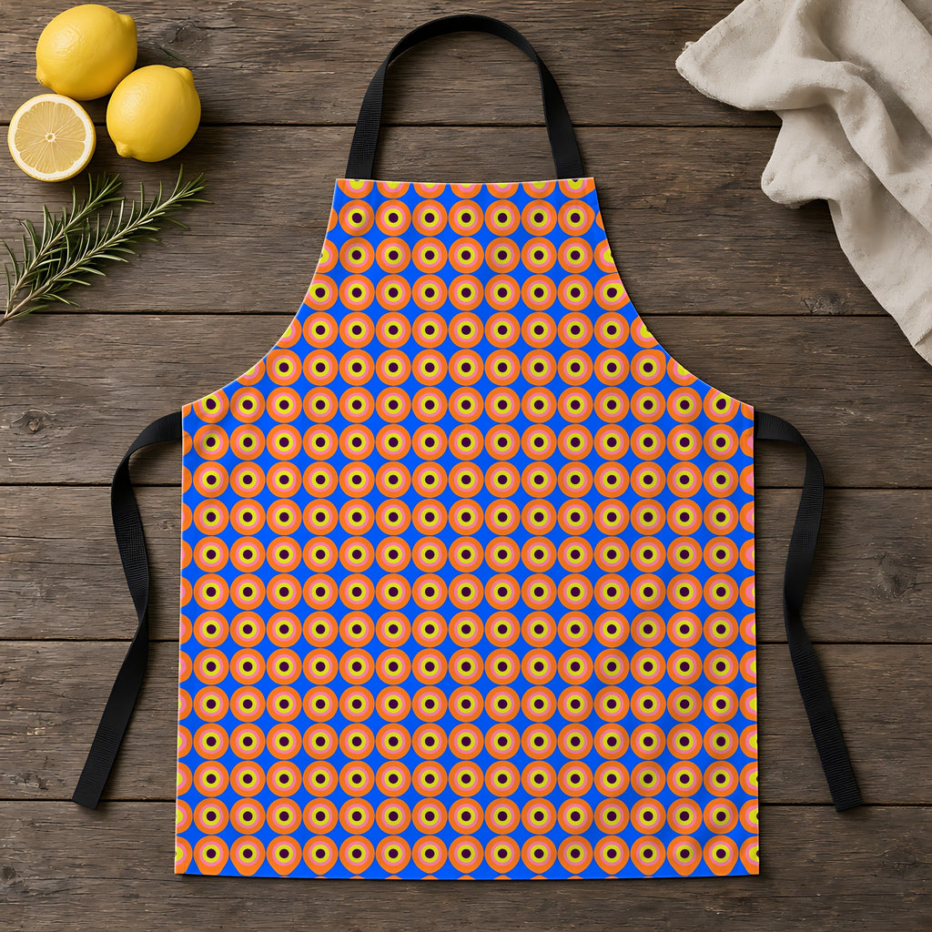 Pop Target Dots Apron laid flat on a rustic wooden table