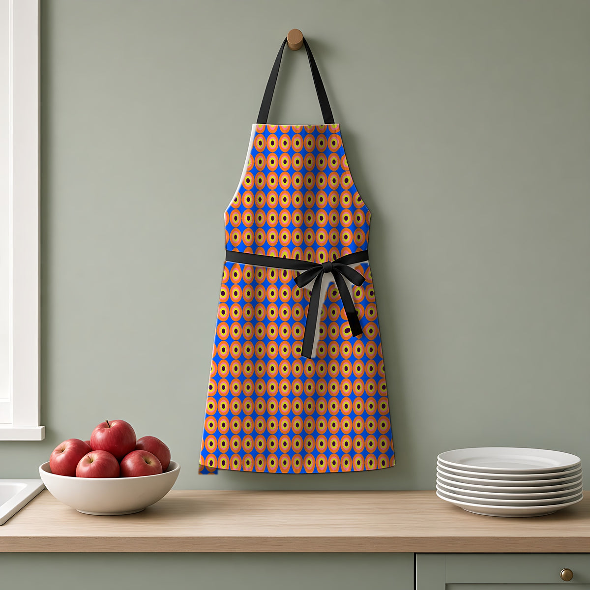 Pop Target Dots Apron hanging on a sage-green kitchen wall