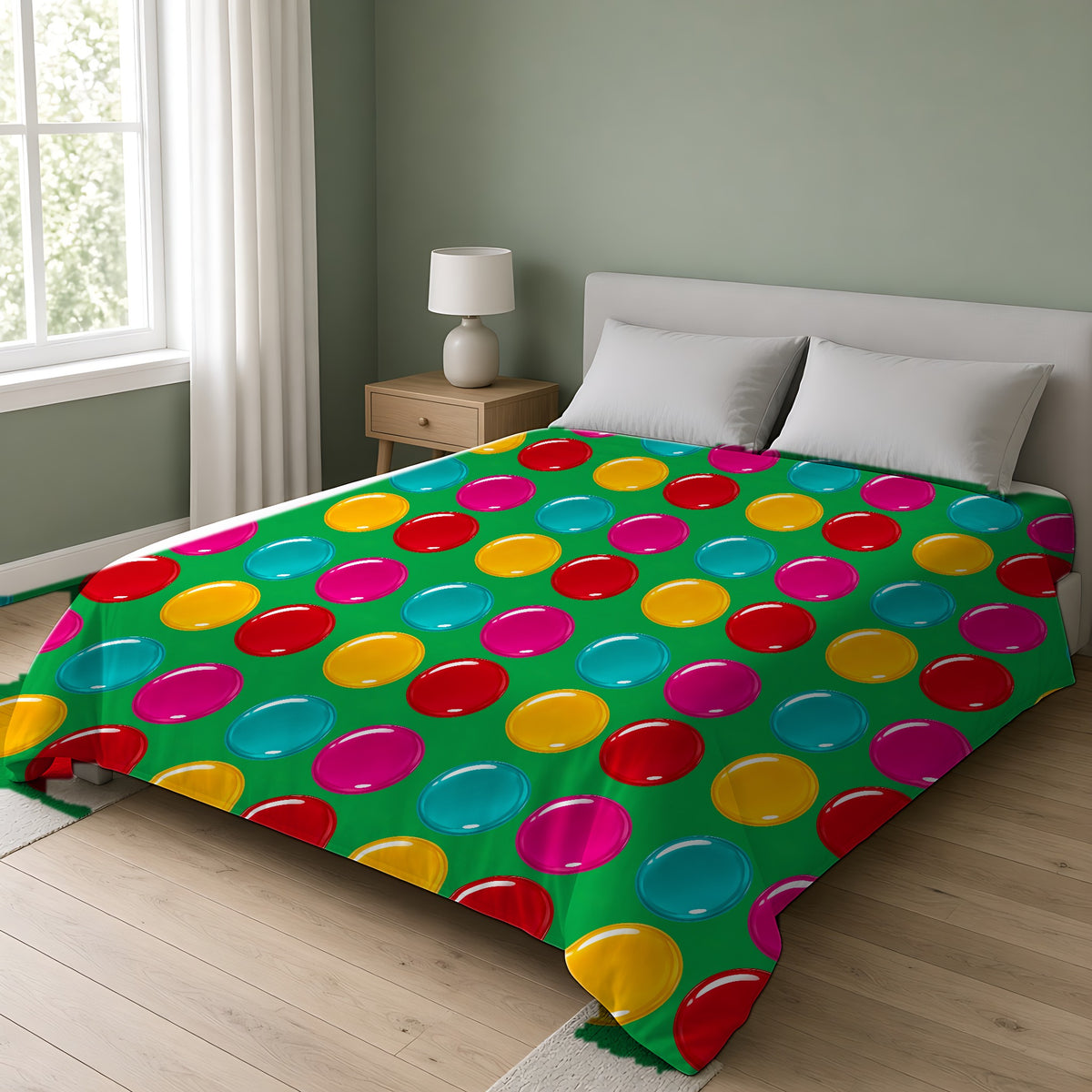 Giant Candy Glass Discs Cotton Duvet Cover on a double bed in a bright sage-green bedroom