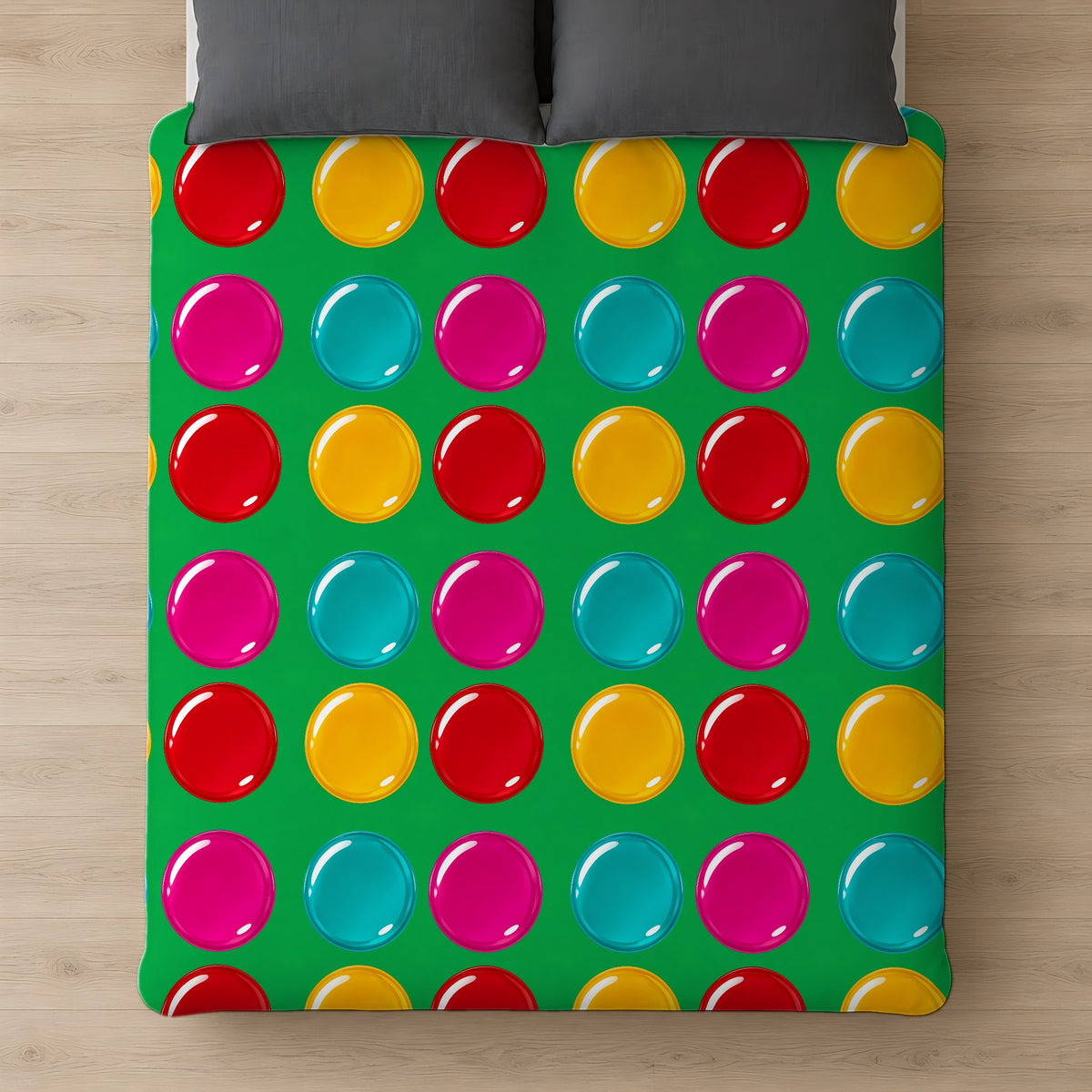 Giant Candy Glass Discs Cotton Duvet Cover on a bed, seen from above