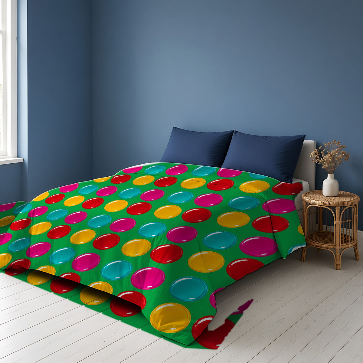 Giant Candy Glass Discs Cotton Duvet Cover on a bed in a Scandinavian blue bedroom
