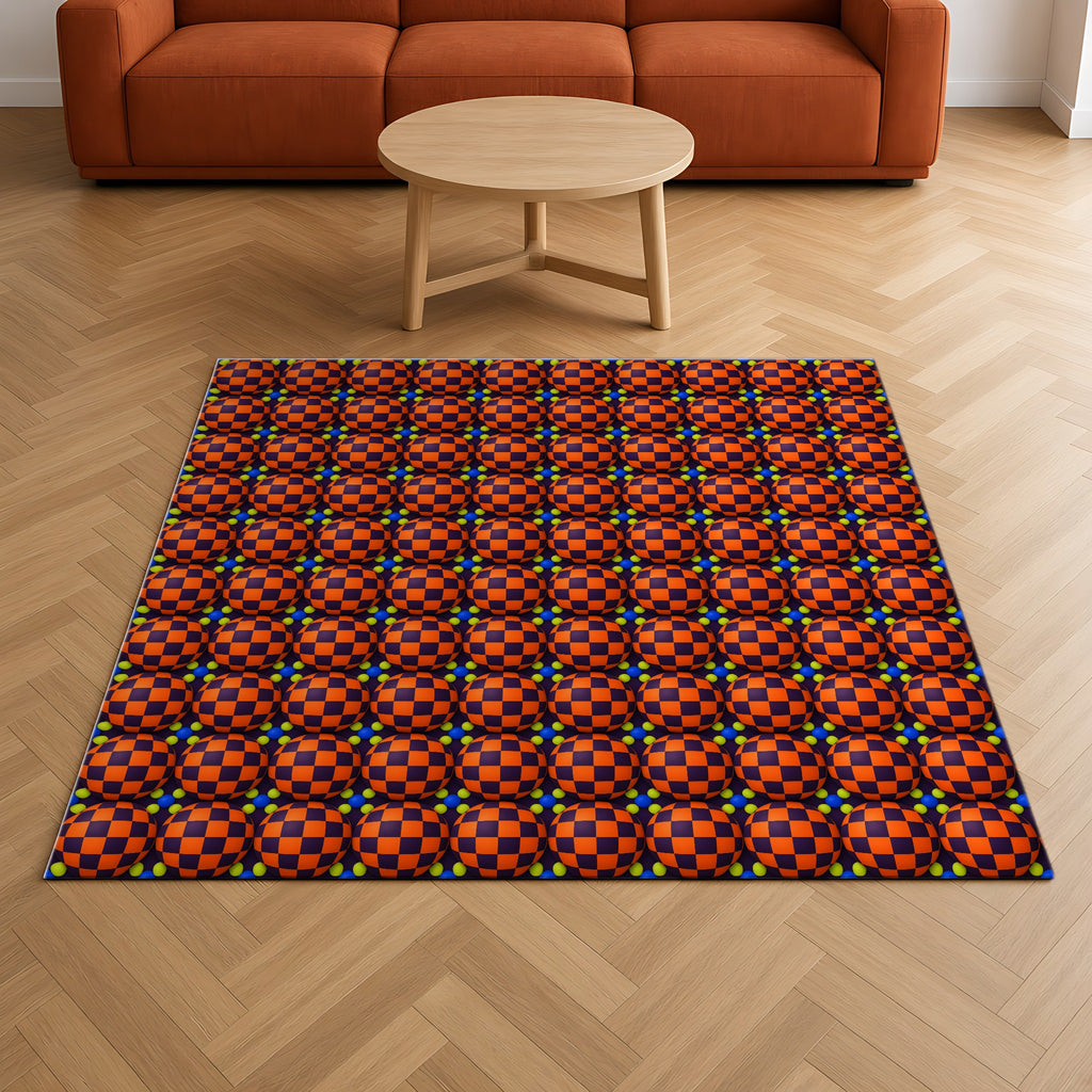 Checker Bulge Outdoor Rug on a herringbone wood floor in a living room