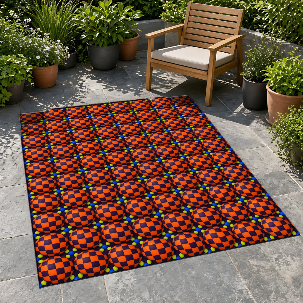 Checker Bulge Outdoor Rug on a stone patio with potted plants