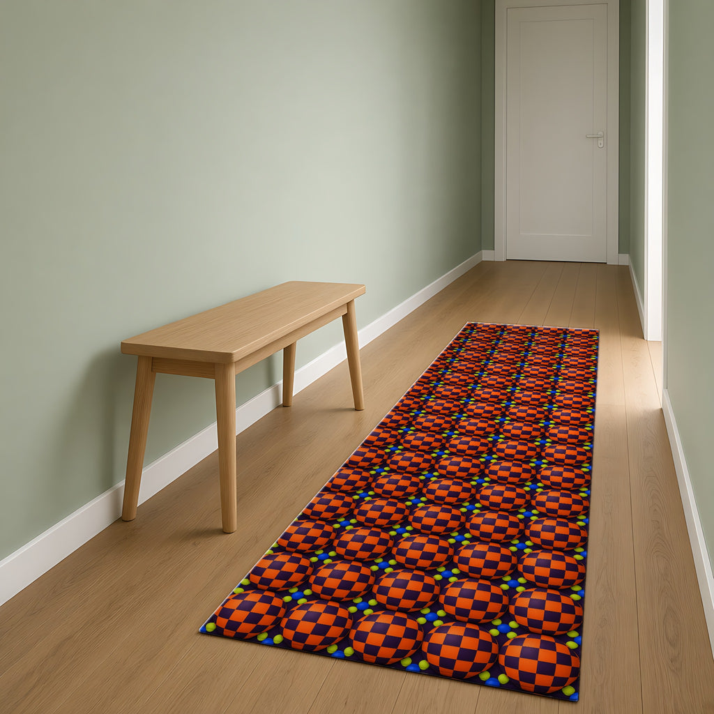 Checker Bulge Outdoor Rug as a runner in a sage-green hallway