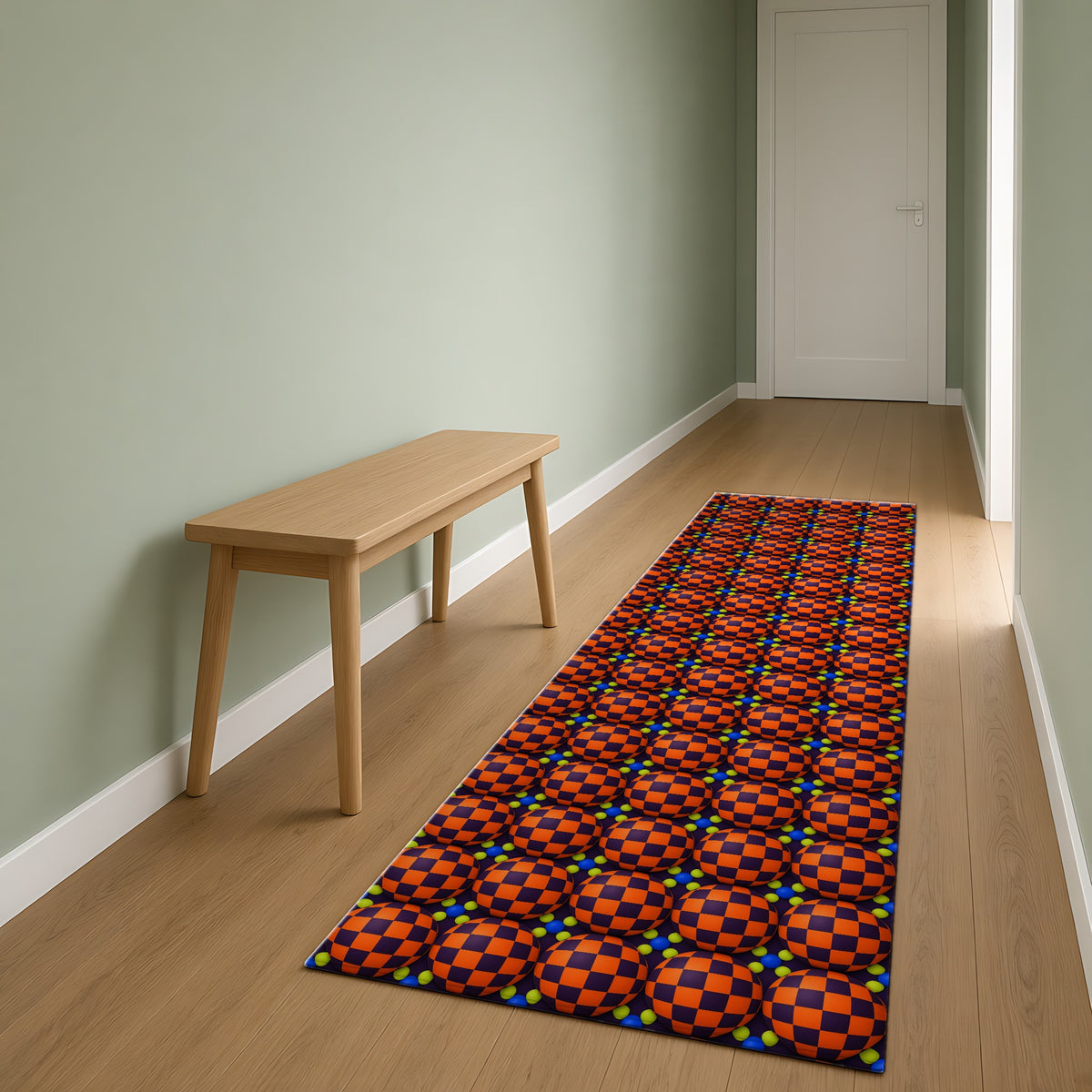 Checker Bulge Outdoor Rug as a runner in a sage-green hallway
