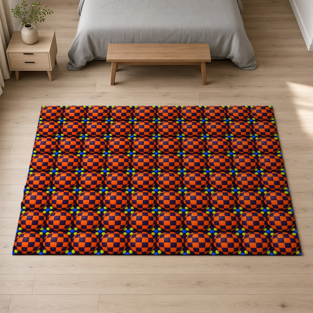 Checker Bulge Outdoor Rug on a pale oak floor in a calm bedroom