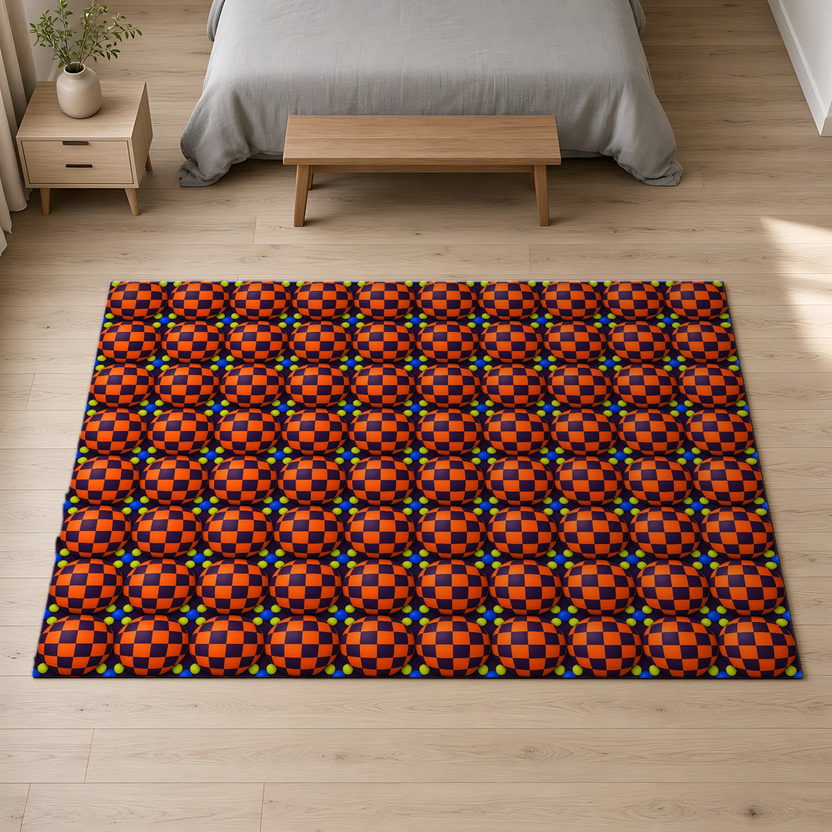Checker Bulge Outdoor Rug on a pale oak floor in a calm bedroom