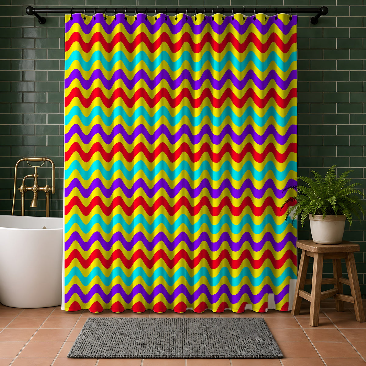 Big Ripple Chevrons Shower Curtain in a bathroom with dark green tiles