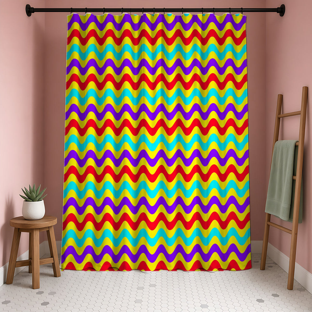 Big Ripple Chevrons Shower Curtain in a blush-pink bathroom