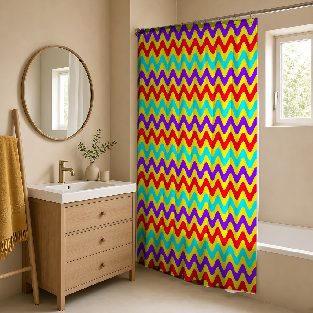 Big Ripple Chevrons Shower Curtain in a warm neutral bathroom with an oak vanity