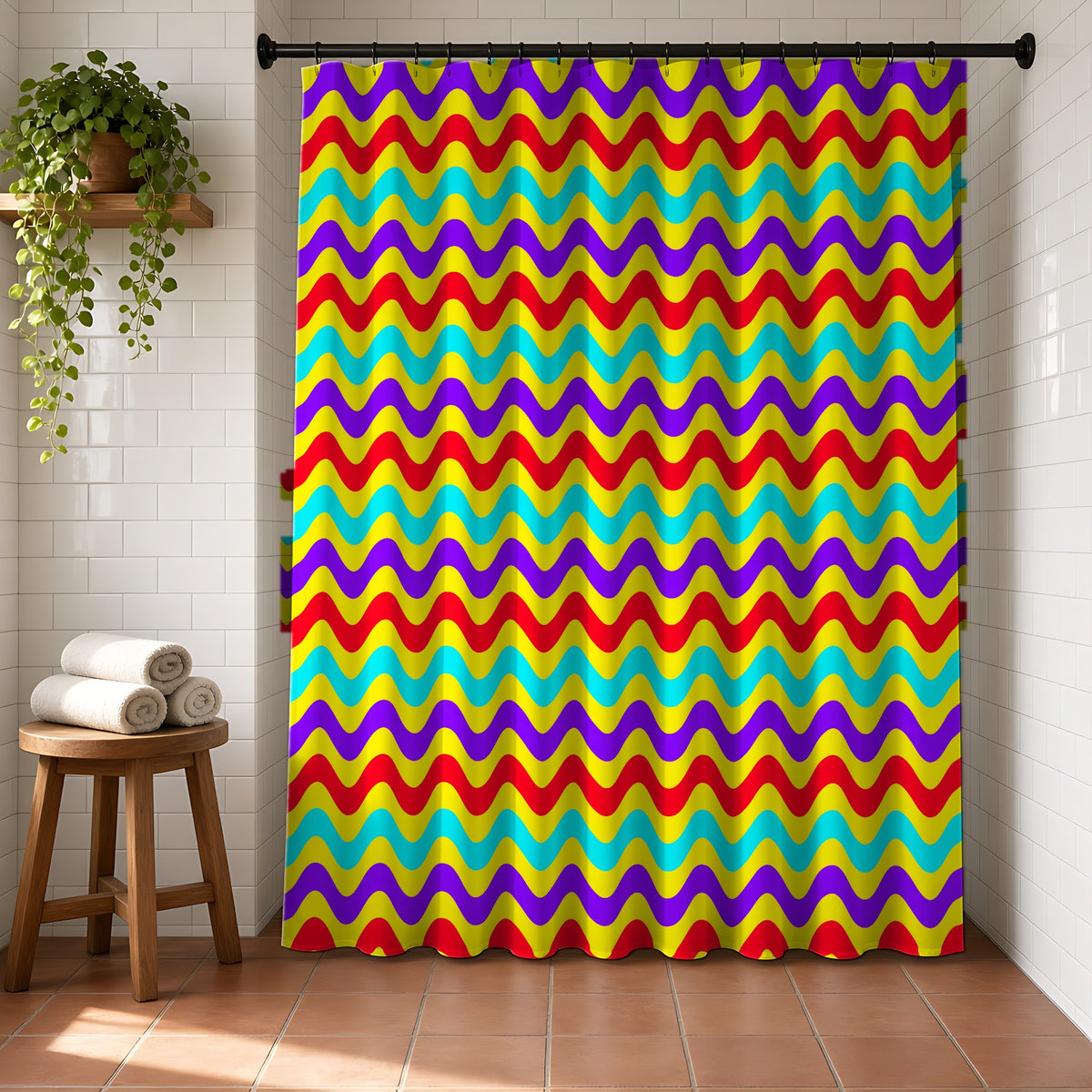 Big Ripple Chevrons Shower Curtain in a bright bathroom with white tiles and a terracotta floor