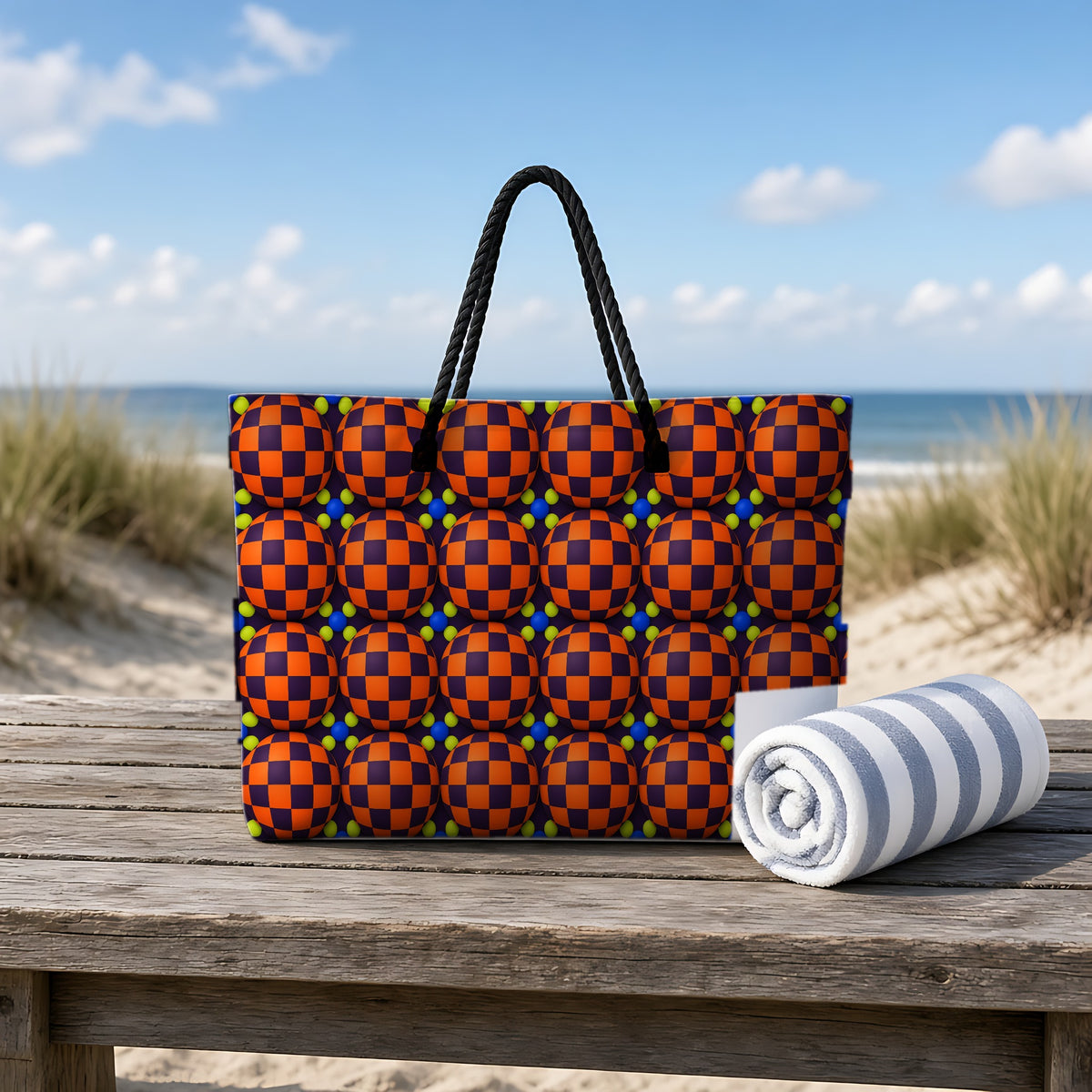 Checker Bulge Weekender Tote Bag on a rustic table by the beach