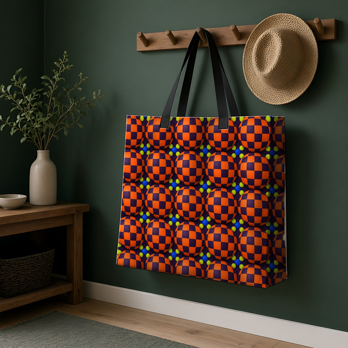 Checker Bulge Weekender Tote Bag hanging on a peg rail in a green hallway