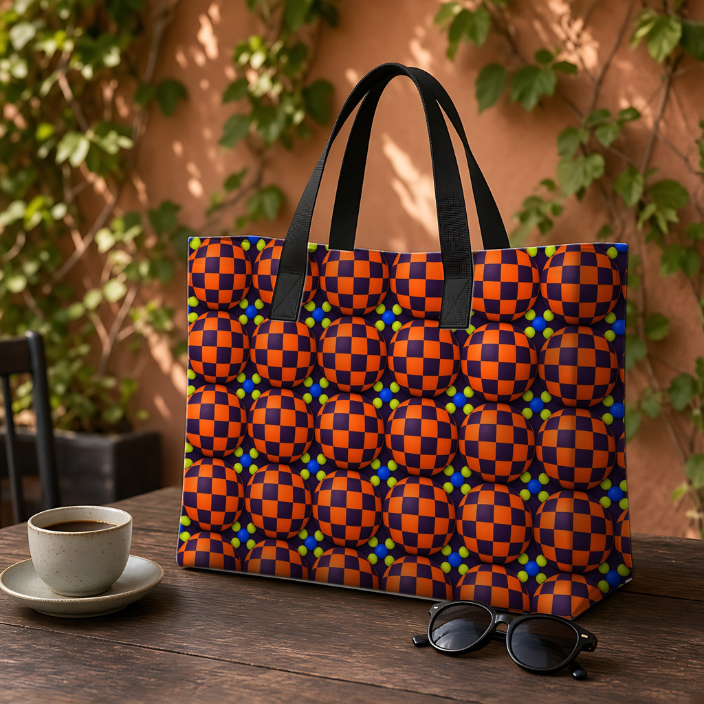 Checker Bulge Weekender Tote Bag on a garden café table