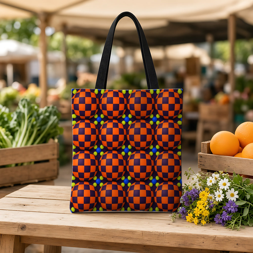 Checker Bulge Weekender Tote Bag on a wooden bench at a farmers market