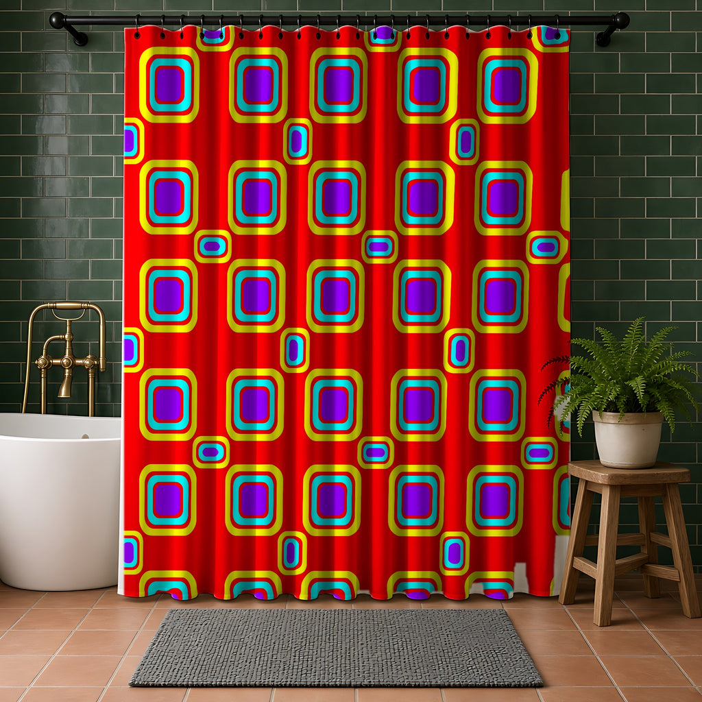 Big Ripple Squares Shower Curtain in a bathroom with dark green tiles