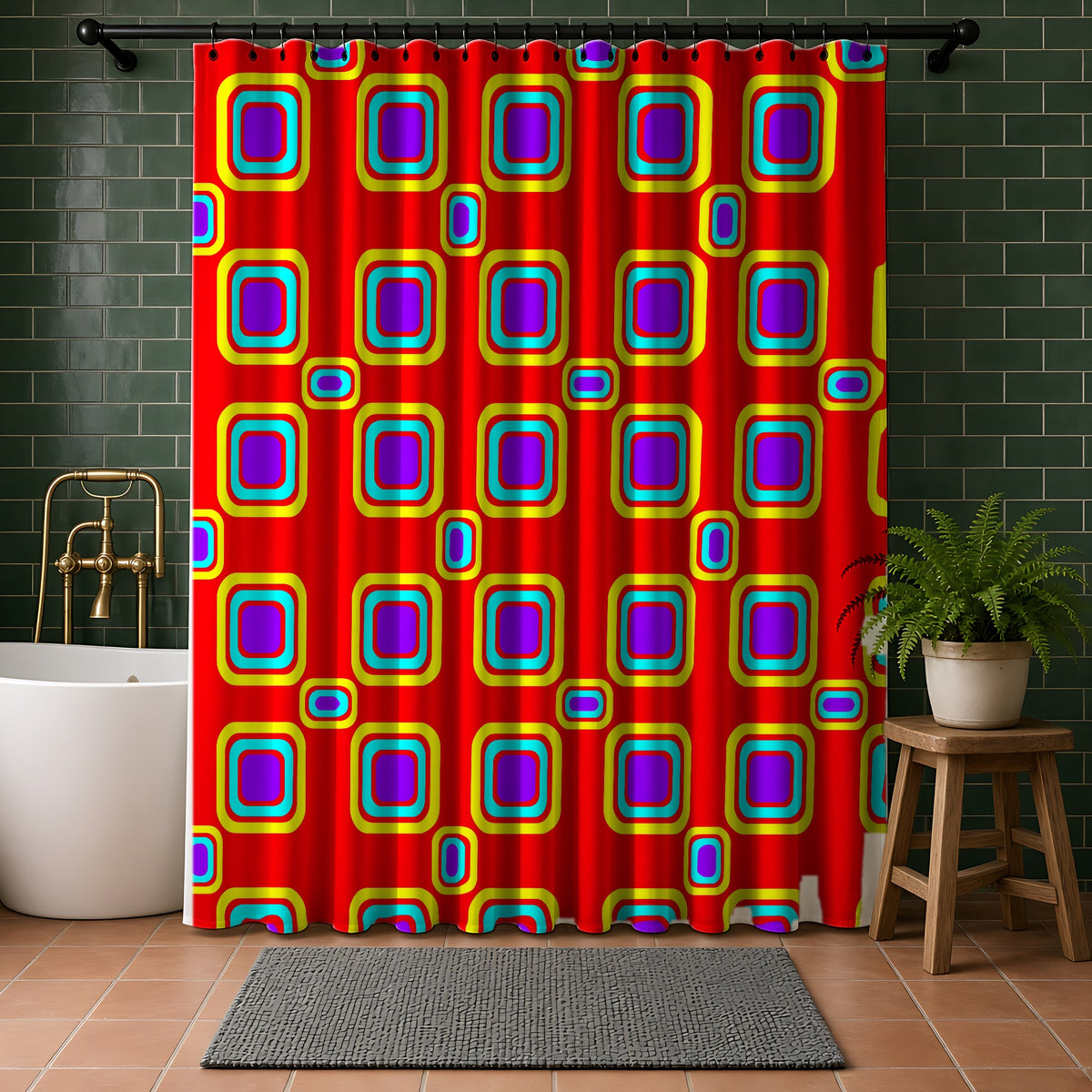 Big Ripple Squares Shower Curtain in a bathroom with dark green tiles