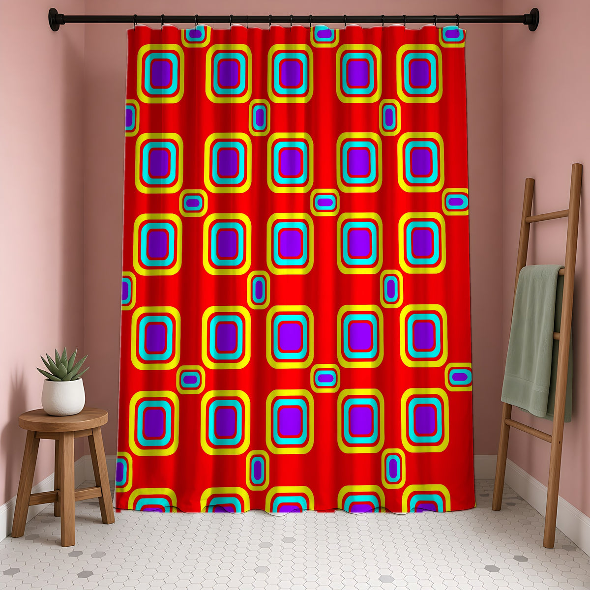 Big Ripple Squares Shower Curtain in a blush-pink bathroom