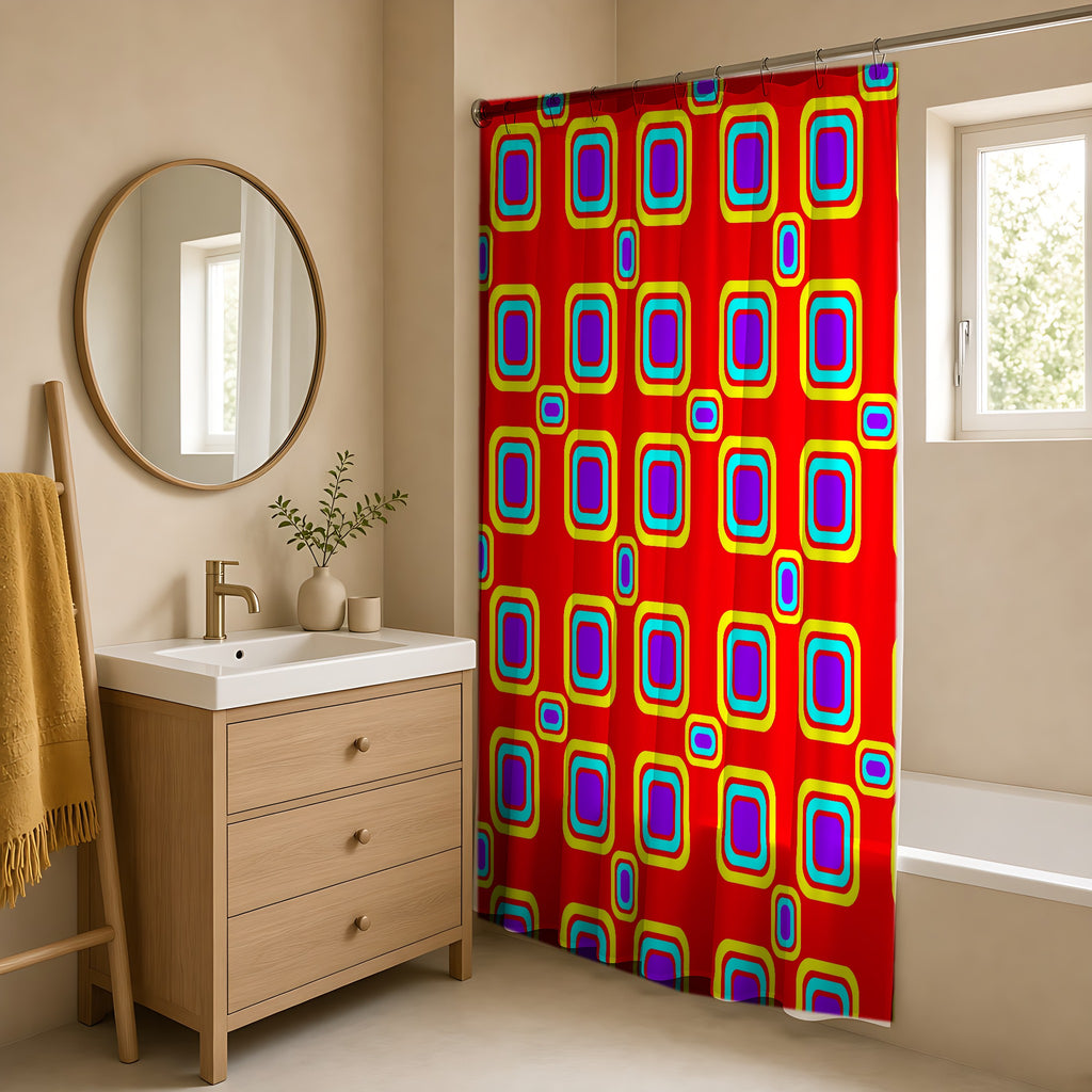 Big Ripple Squares Shower Curtain in a warm neutral bathroom with an oak vanity