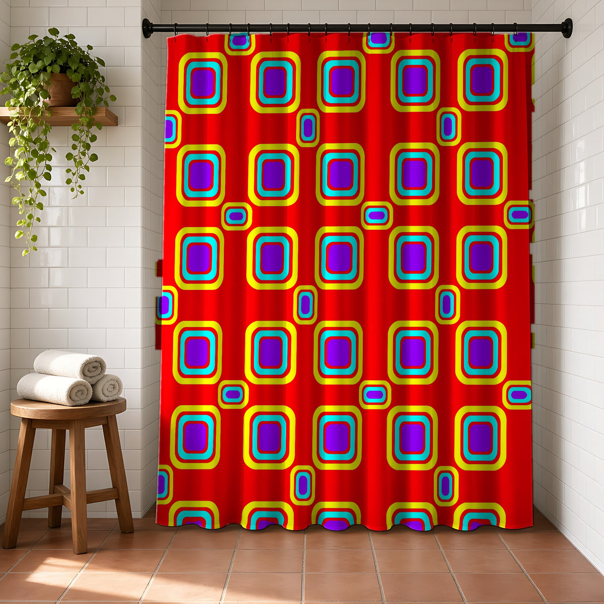 Big Ripple Squares Shower Curtain in a bright bathroom with white tiles and a terracotta floor