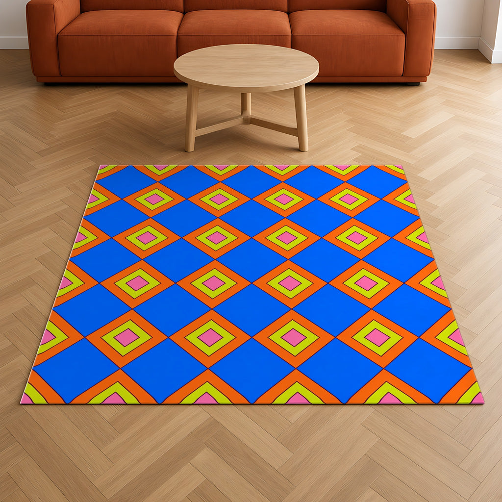 Pop Diamond Checks Outdoor Rug on a herringbone wood floor in a living room