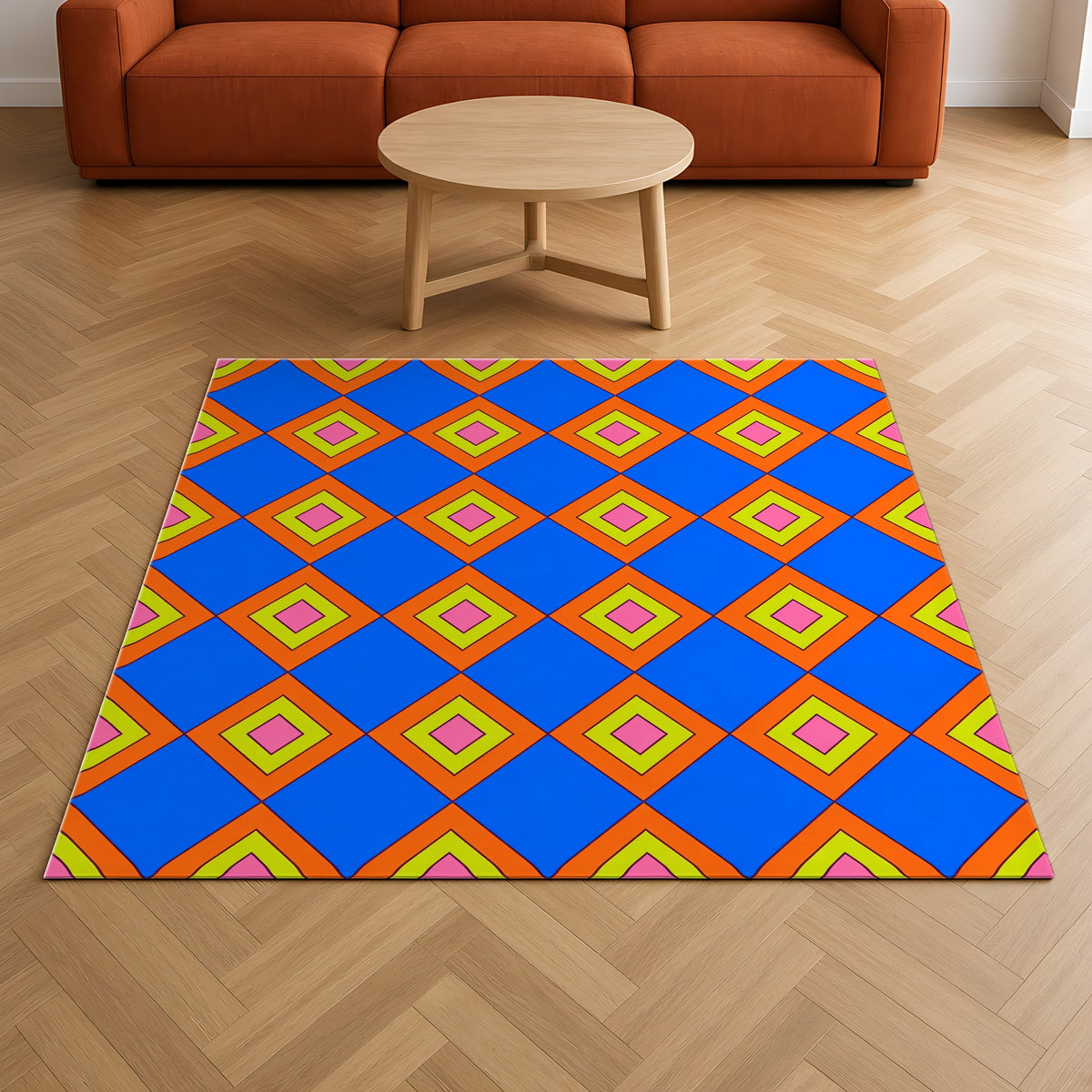 Pop Diamond Checks Outdoor Rug on a herringbone wood floor in a living room