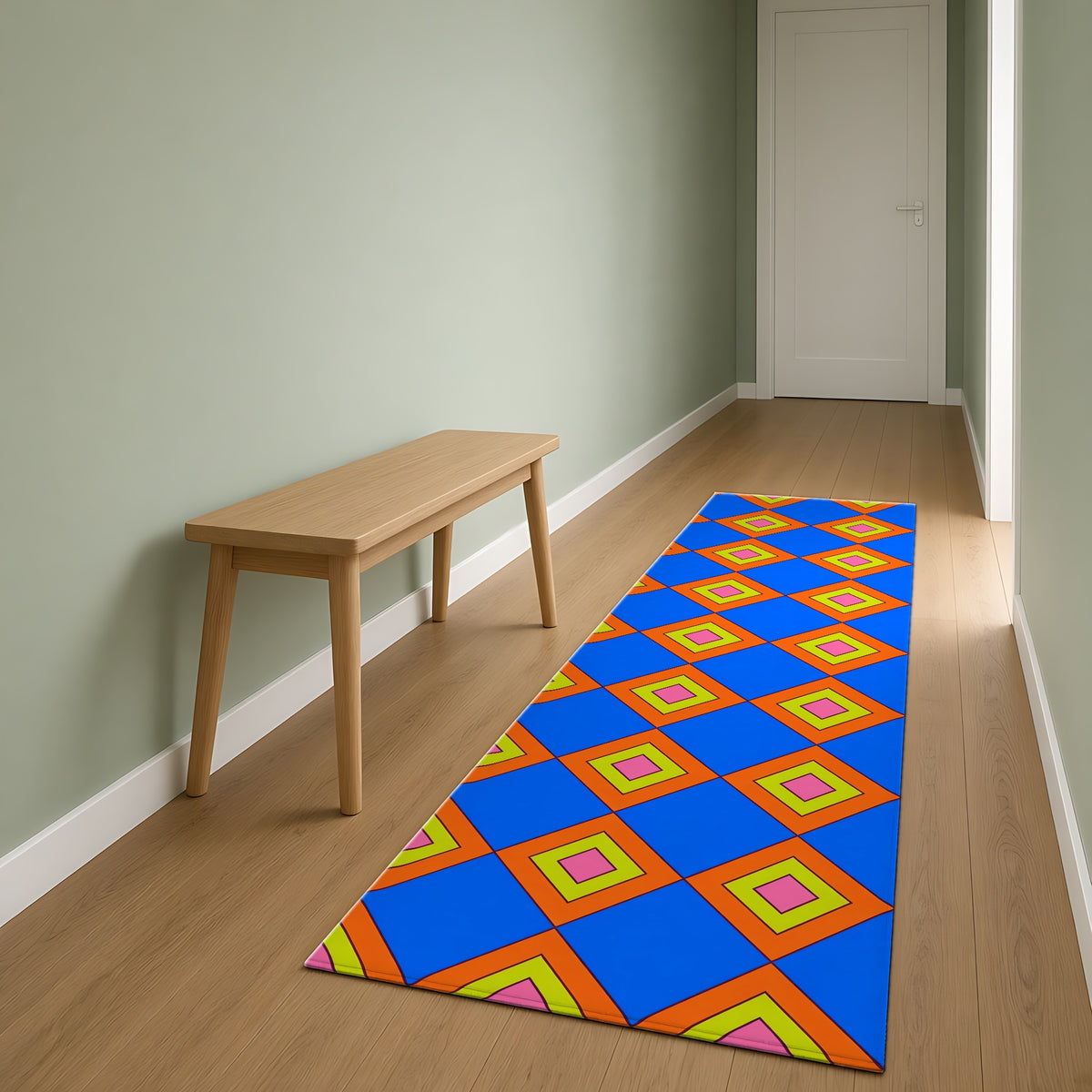 Pop Diamond Checks Outdoor Rug as a runner in a sage-green hallway