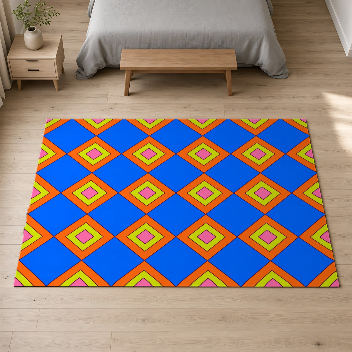 Pop Diamond Checks Outdoor Rug on a pale oak floor in a calm bedroom