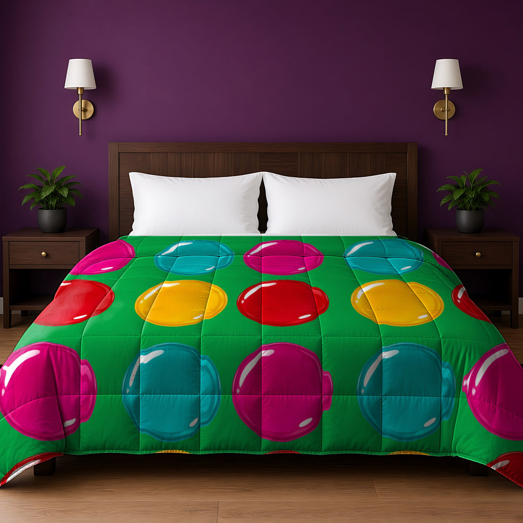 Giant Candy Glass Discs comforter in the Christmas Jewel Bright palette, on a bed with a walnut headboard against a plum wall