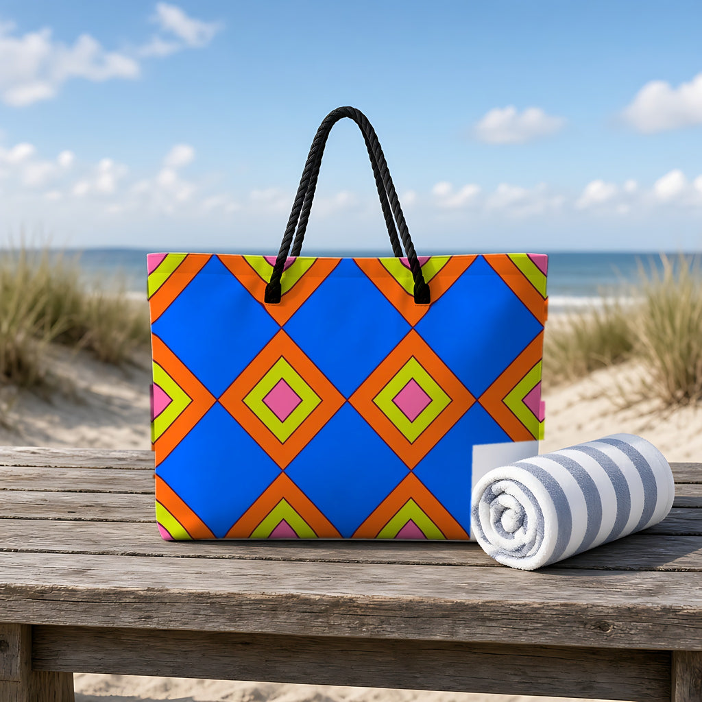 Pop Diamond Checks Weekender Tote Bag on a rustic table by the beach