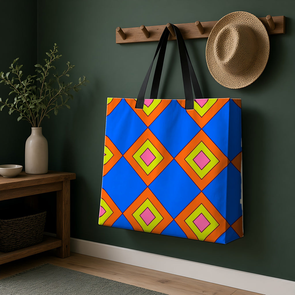 Pop Diamond Checks Weekender Tote Bag hanging on a peg rail in a green hallway