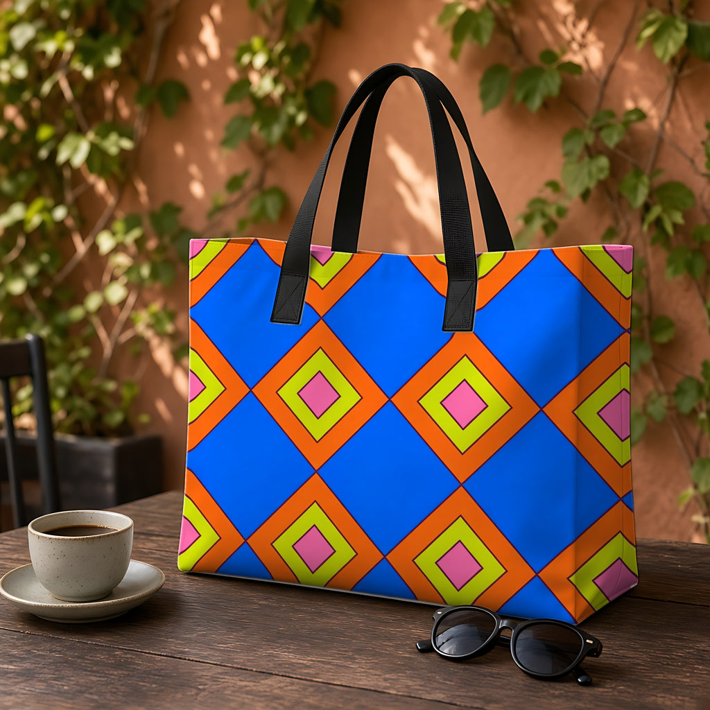 Pop Diamond Checks Weekender Tote Bag on a garden café table