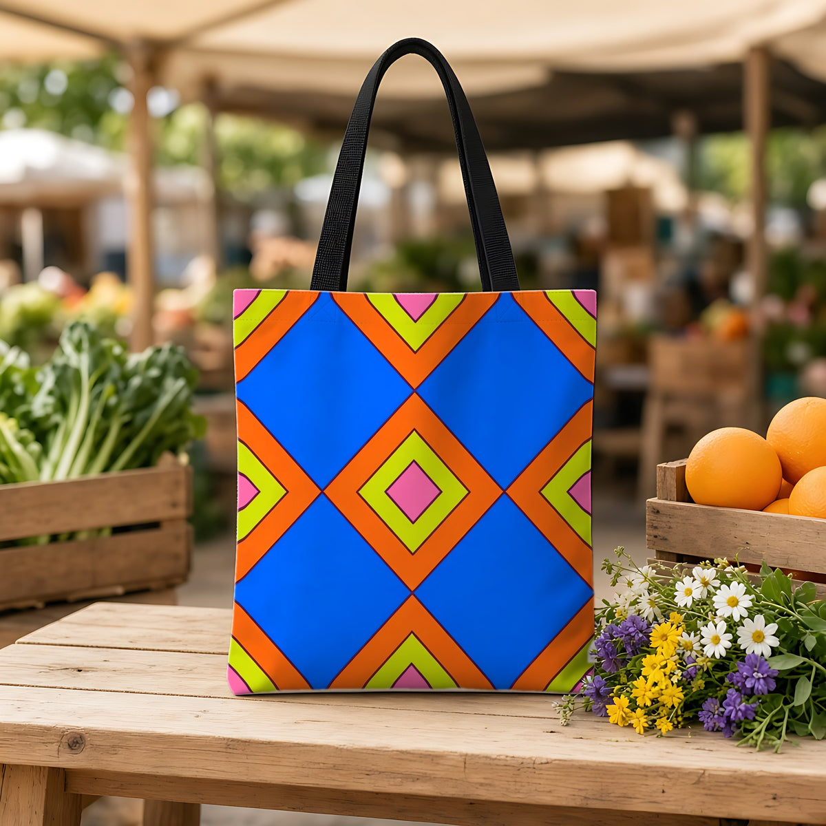 Pop Diamond Checks Weekender Tote Bag on a wooden bench at a farmers market