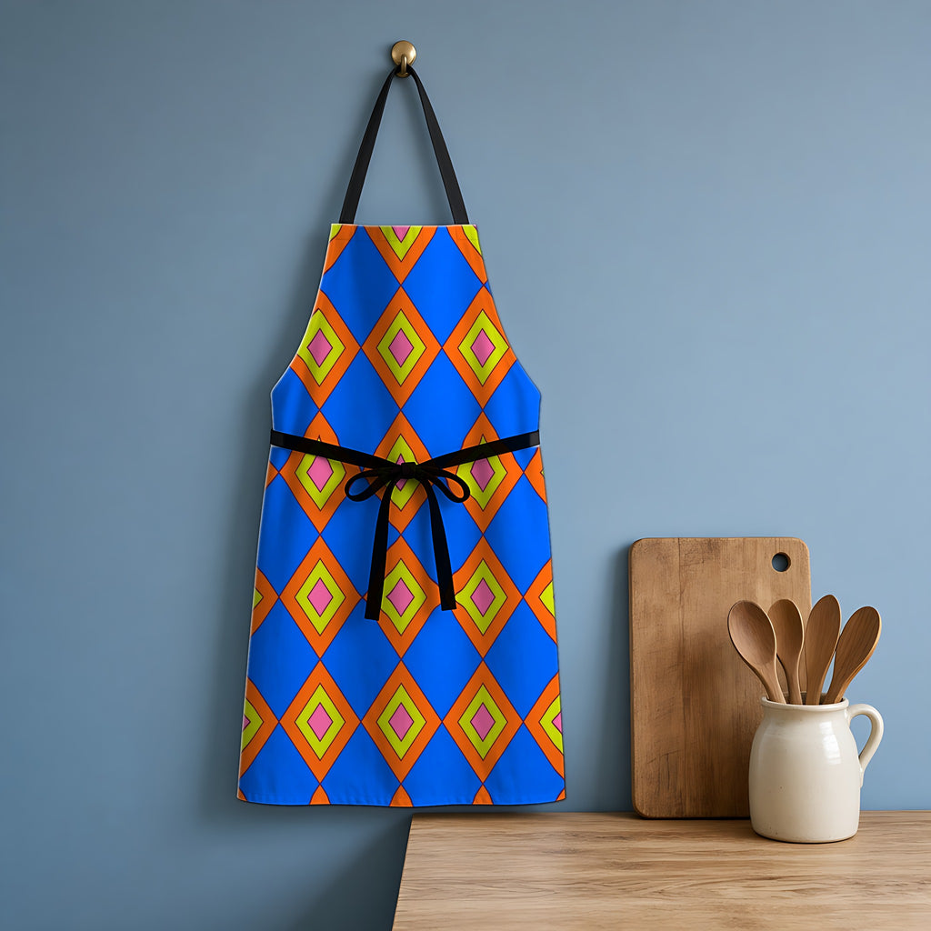 Pop Diamond Checks Apron hanging in a blue kitchen