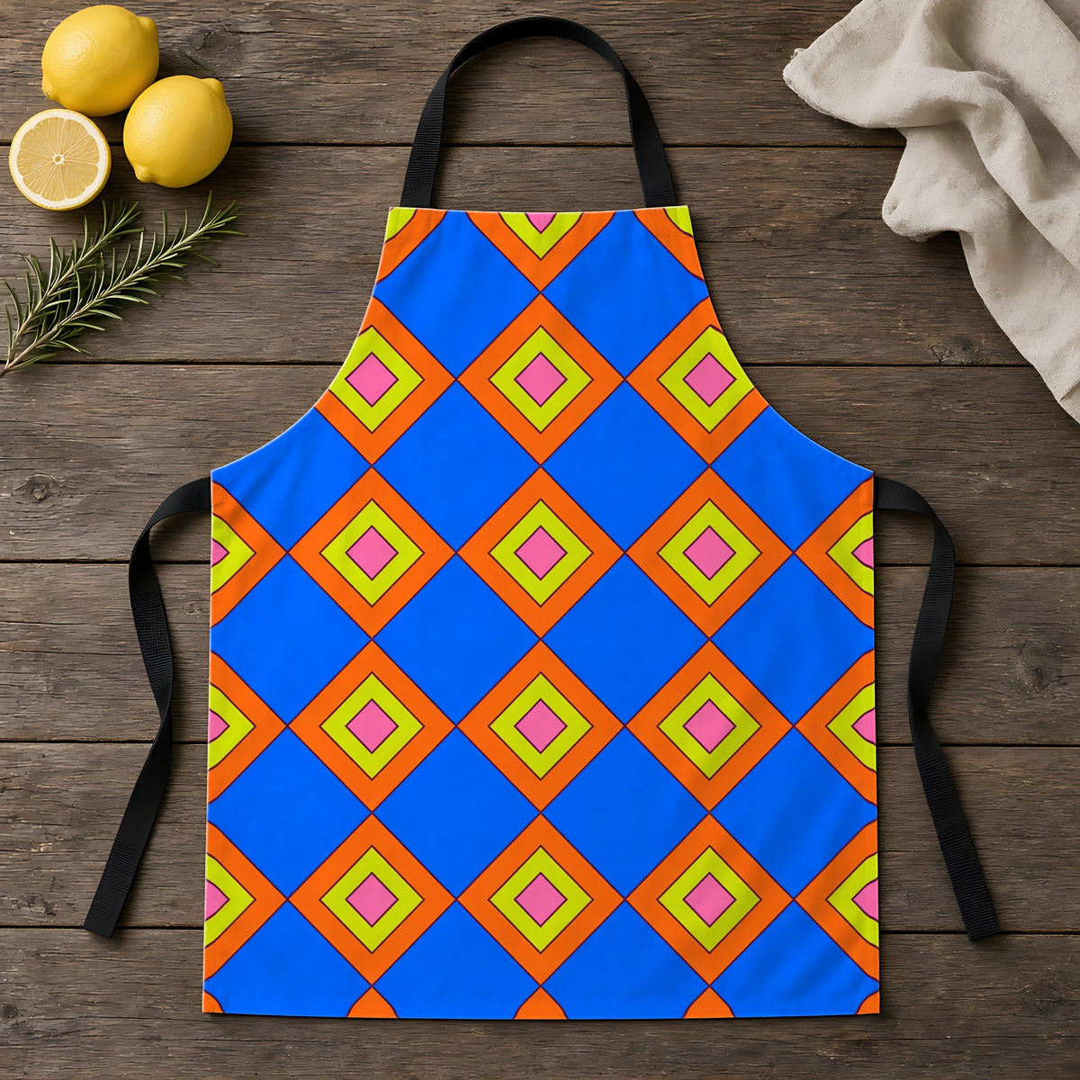 Pop Diamond Checks Apron laid flat on a rustic wooden table