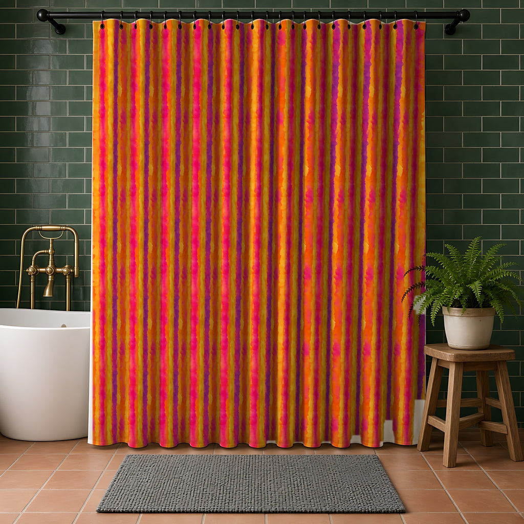Bleed Stripe Ombre Shower Curtain in a bathroom with dark green tiles