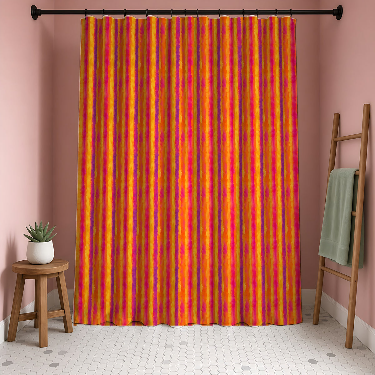 Bleed Stripe Ombre Shower Curtain in a blush-pink bathroom